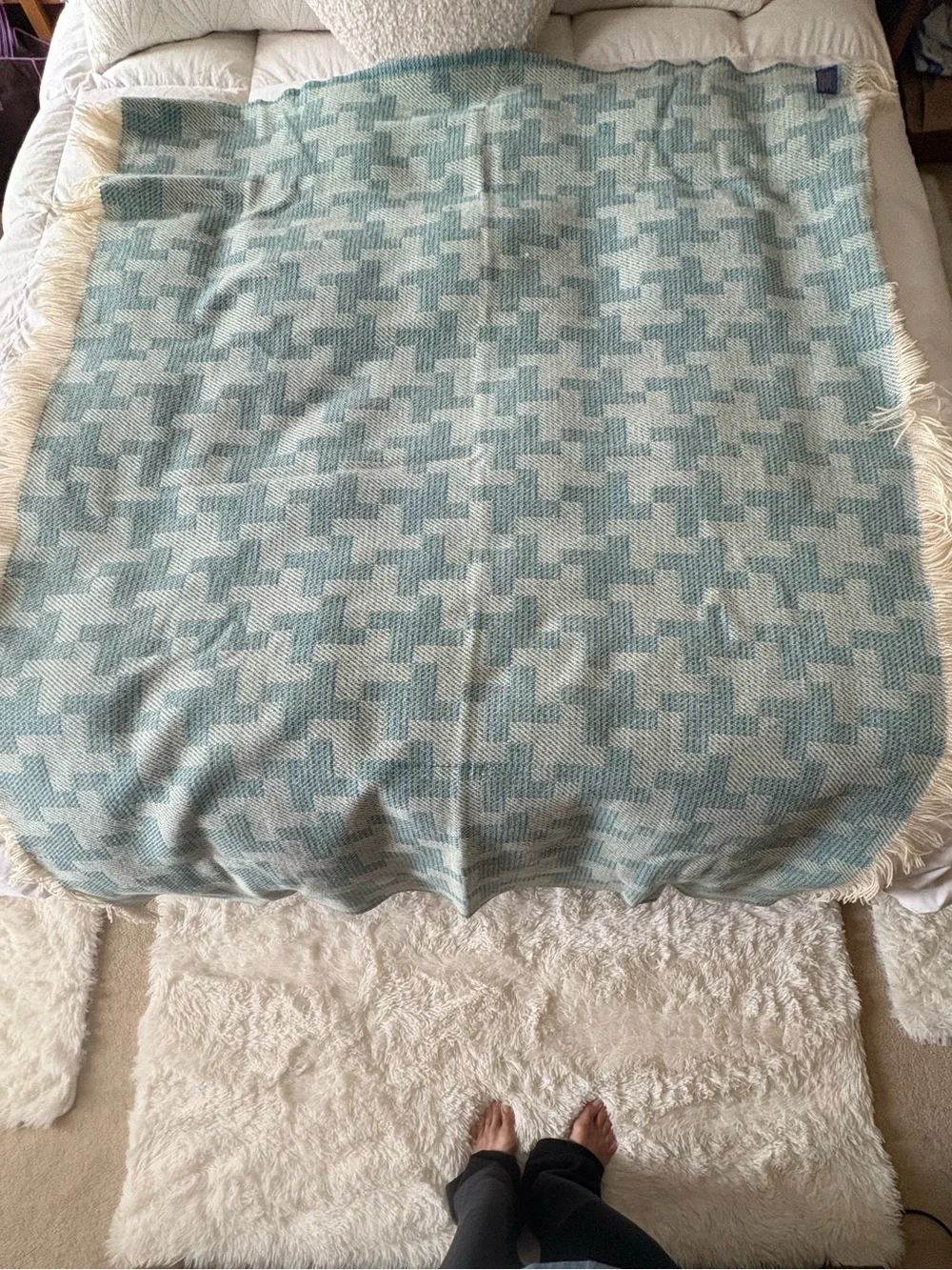 Vintage Pendleton Wool Throw Blanket Blue Green Geometric Plaid 66x55 Fringe USA